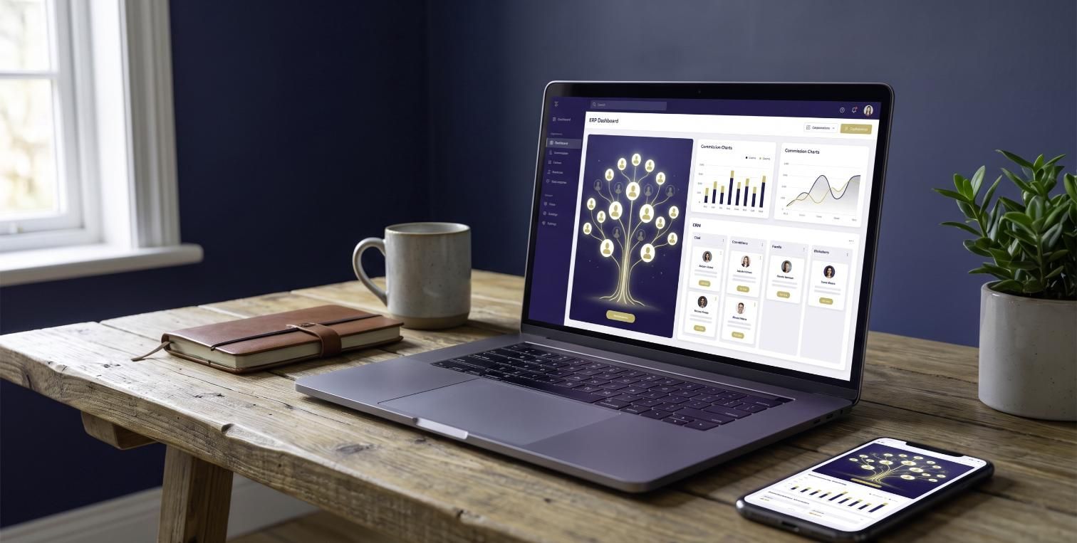 Laptop and smartphone showing a direct selling ERP dashboard with a partner tree, commission charts and a CRM board