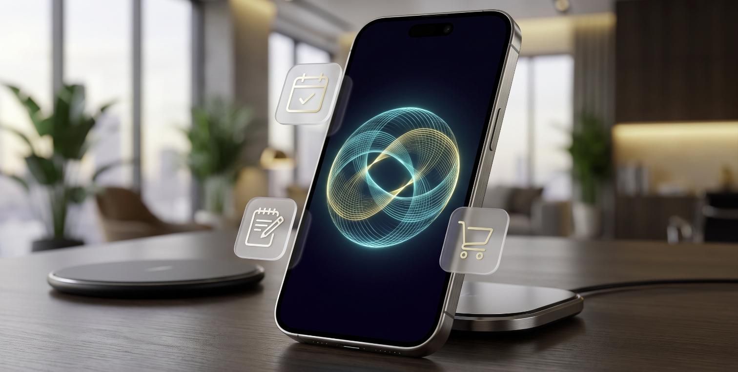 A smartphone showing Nova's voice waveform, surrounded by icons for calendar, notes and shopping cart