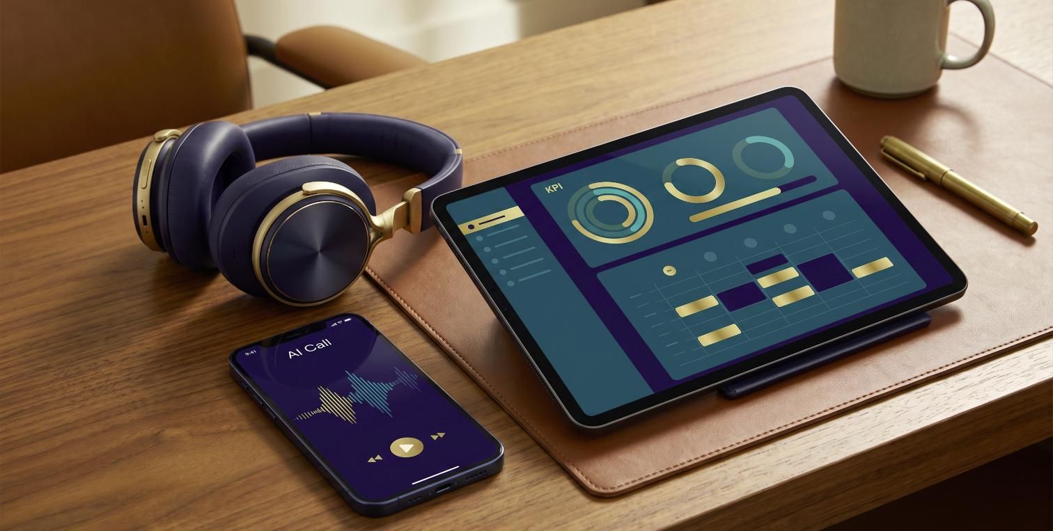 Headphones, a tablet with coaching KPIs and an appointment calendar, and a phone showing an AI call in progress